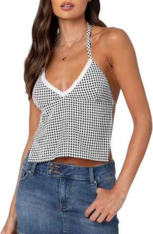 Women Y2k Gingham Crop Camisole Spaghetti Strap Lace Trim V Neck Crop Tank Top Open Back Tie Up Cami Top