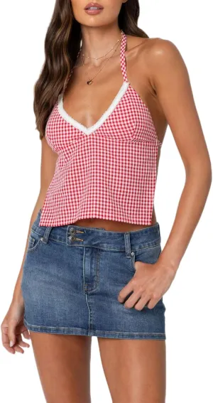Women Y2k Gingham Crop Camisole Spaghetti Strap Lace Trim V Neck Crop Tank Top Open Back Tie Up Cami Top