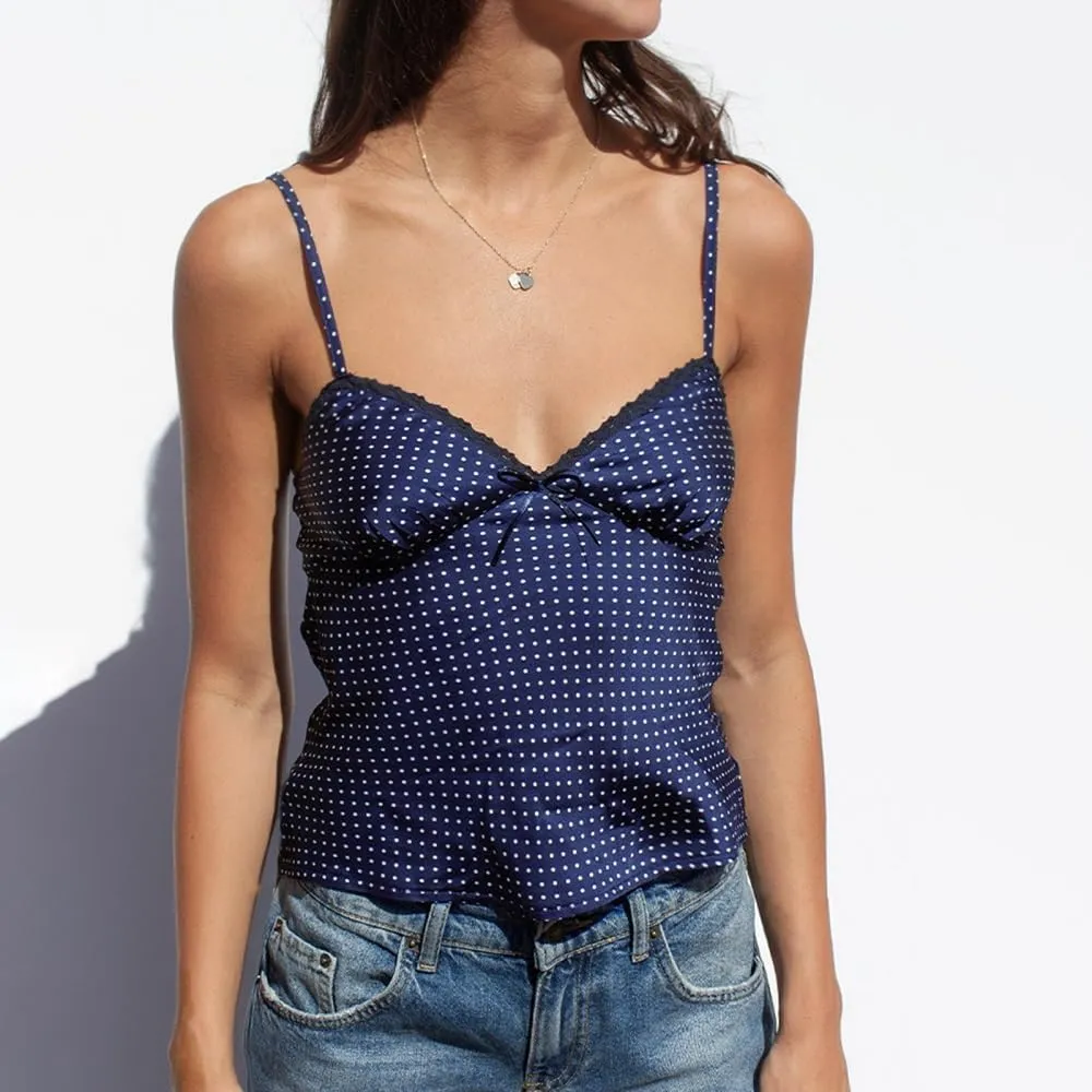 Women Y2k Polka Dot Print Tank Top Spaghetti Strap Lace Trim Camisole Sheer Mesh Crop Cami Going Out Top