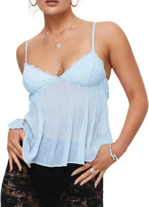 Women Y2k Sheer Mesh Cami Top Sleeveless Spaghetti Strap See Through Crop Camisole Top Summer Going Out Tank Shirt