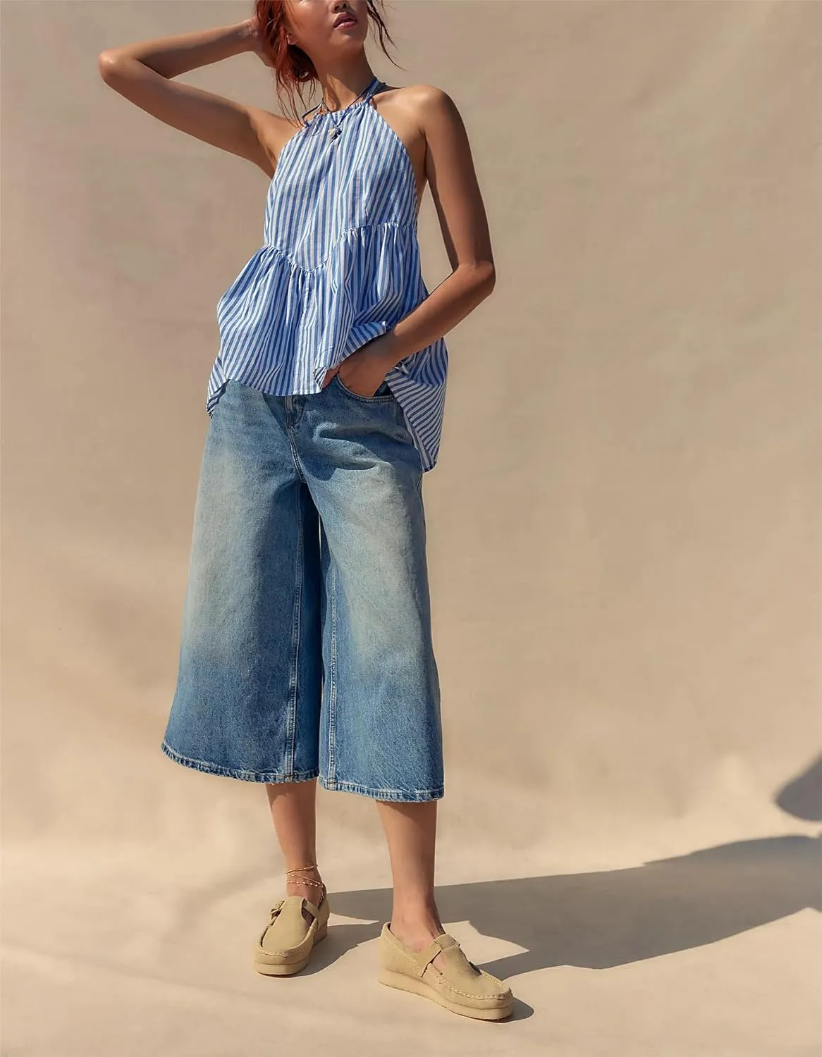 Women Y2k Striped Tank Top Sleeveless Halter Neck Tie Back Babydoll Shirt Cute Ruffle Hem Flowy Cami Vest Top