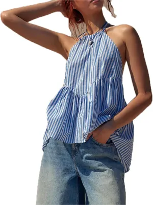 Women Y2k Striped Tank Top Sleeveless Halter Neck Tie Back Babydoll Shirt Cute Ruffle Hem Flowy Cami Vest Top