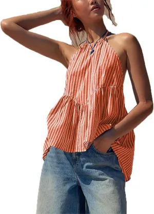 Women Y2k Striped Tank Top Sleeveless Halter Neck Tie Back Babydoll Shirt Cute Ruffle Hem Flowy Cami Vest Top