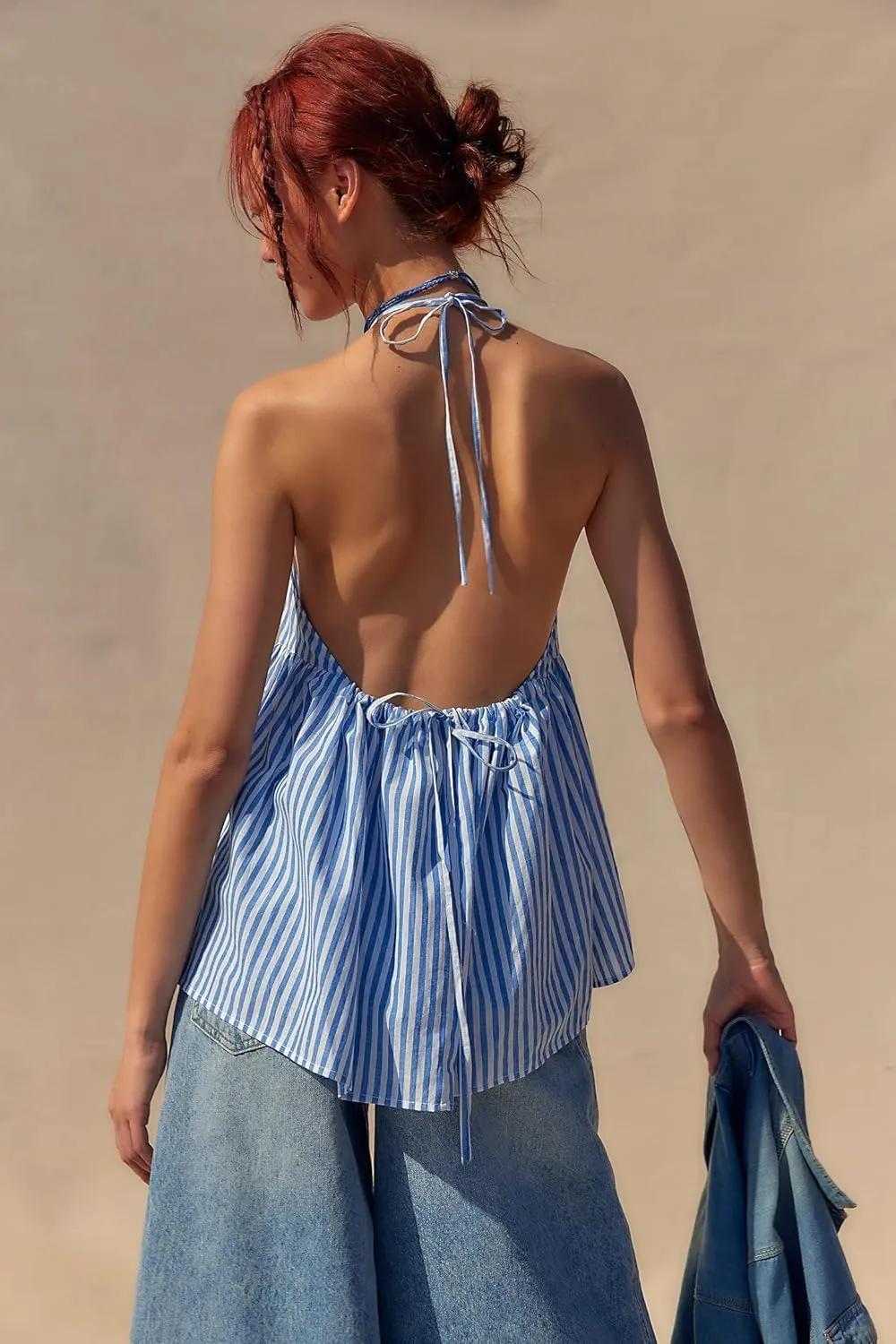 Women Y2k Striped Tank Top Sleeveless Halter Neck Tie Back Babydoll Shirt Cute Ruffle Hem Flowy Cami Vest Top