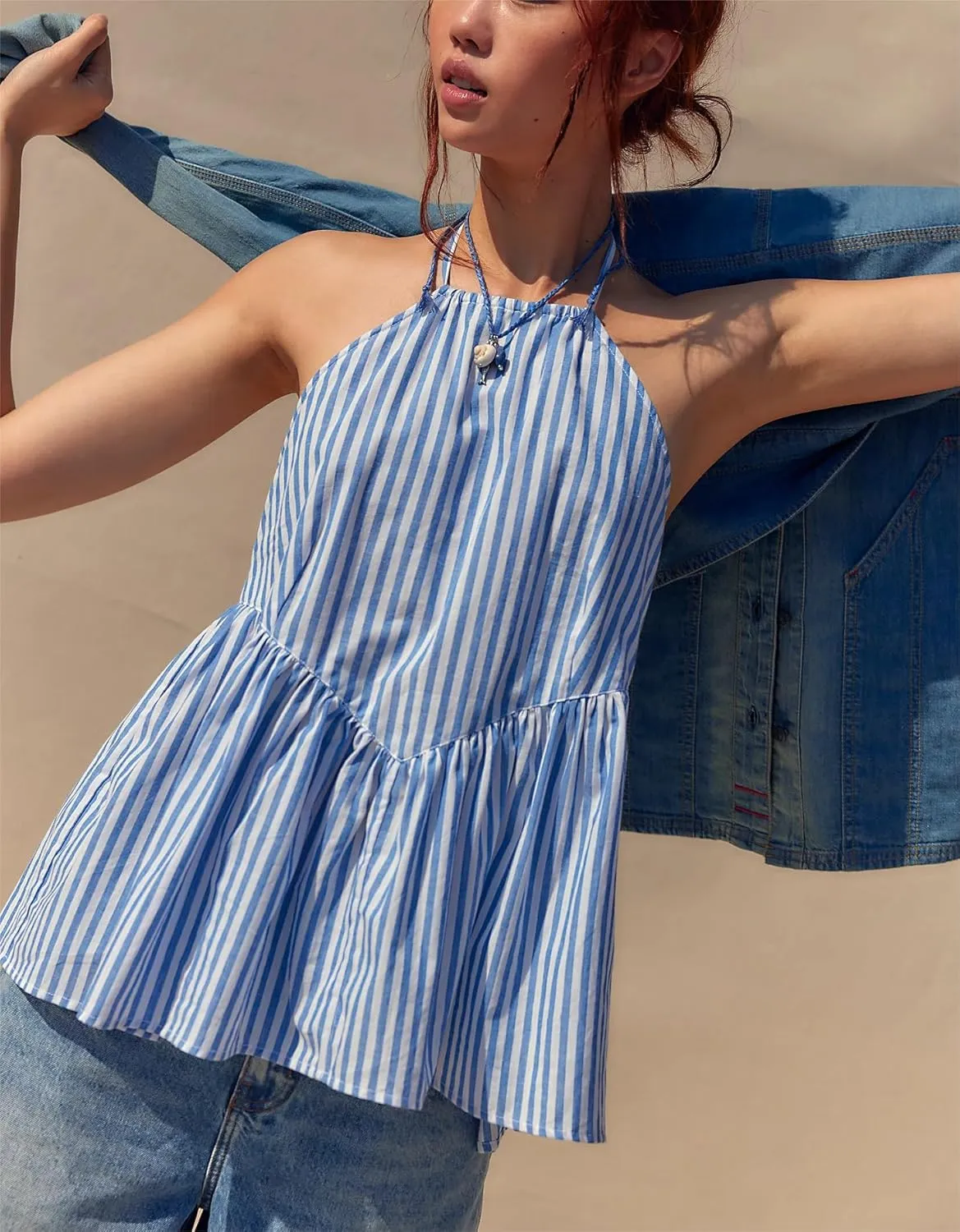 Women Y2k Striped Tank Top Sleeveless Halter Neck Tie Back Babydoll Shirt Cute Ruffle Hem Flowy Cami Vest Top
