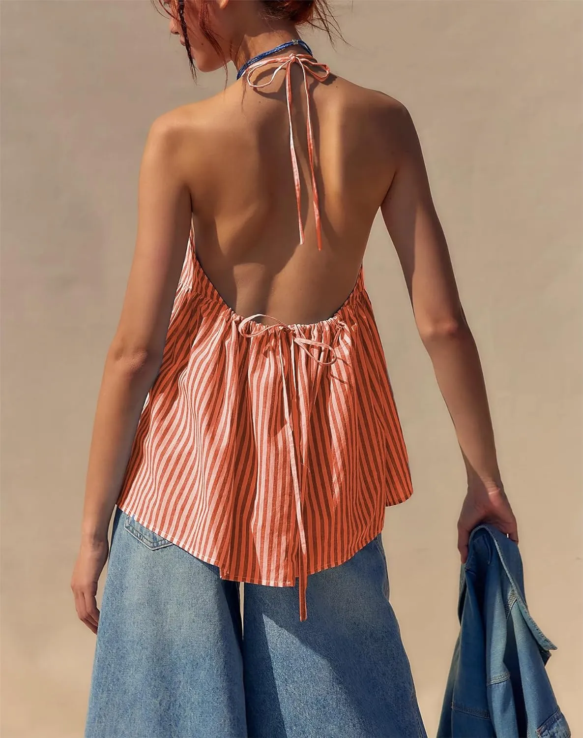 Women Y2k Striped Tank Top Sleeveless Halter Neck Tie Back Babydoll Shirt Cute Ruffle Hem Flowy Cami Vest Top