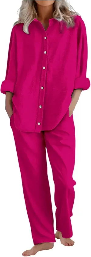 Womens 2 Piece Cotton Linen Outfits Button Down Long Sleeve Shirt Loose Elastic Waist Wide Leg Pants Sets with Pockets