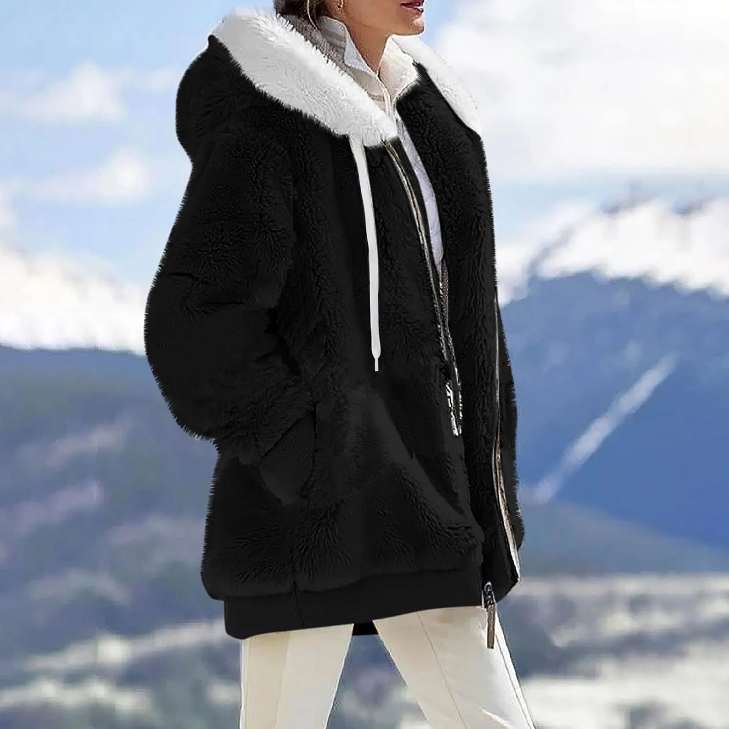 Womens 2024 Plus Size Fuzzy Fleece Jacket Winter Full Zip Plush Hooded Cardigan Coats Soft Shaggy Warm Outerwear
