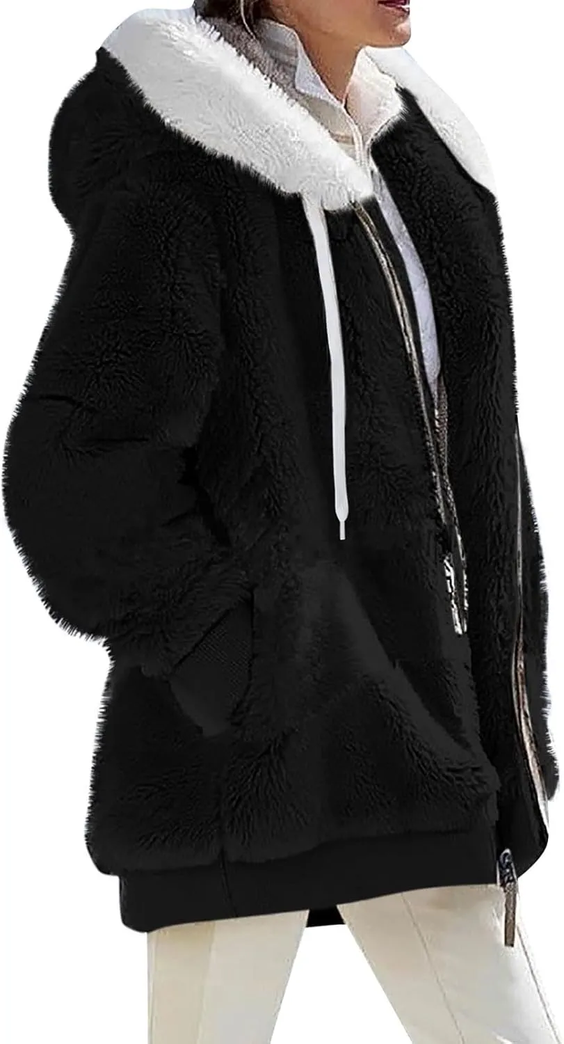Womens 2024 Plus Size Fuzzy Fleece Jacket Winter Full Zip Plush Hooded Cardigan Coats Soft Shaggy Warm Outerwear