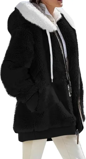 Womens 2024 Plus Size Fuzzy Fleece Jacket Winter Full Zip Plush Hooded Cardigan Coats Soft Shaggy Warm Outerwear