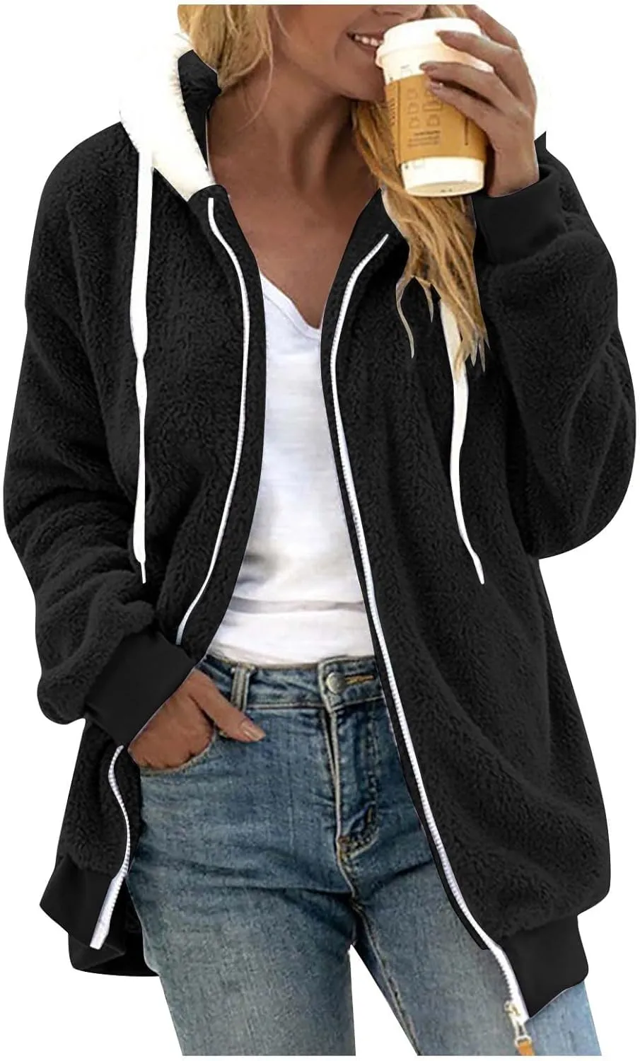 Womens 2024 Plus Size Fuzzy Fleece Jacket Winter Full Zip Plush Hooded Cardigan Coats Soft Shaggy Warm Outerwear