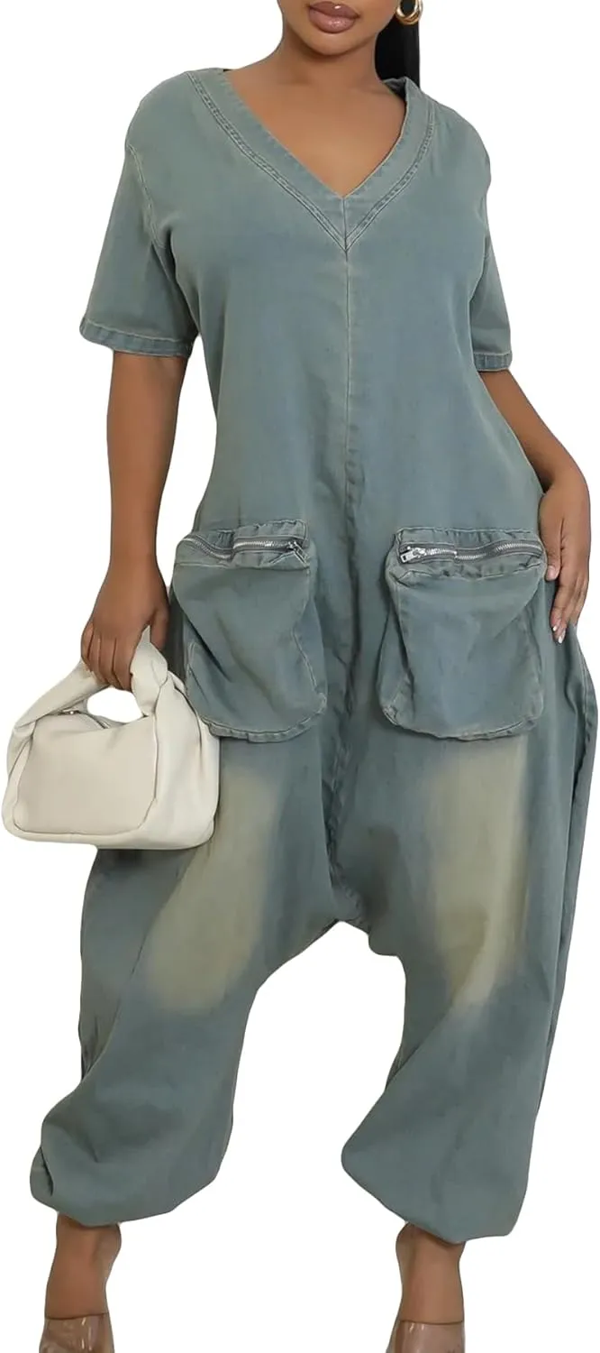 Women's Baggy Cargo Denim Jumpsuit Short Sleeve V Neck Loose Distressed Wide Leg Romper Overalls with Pockets