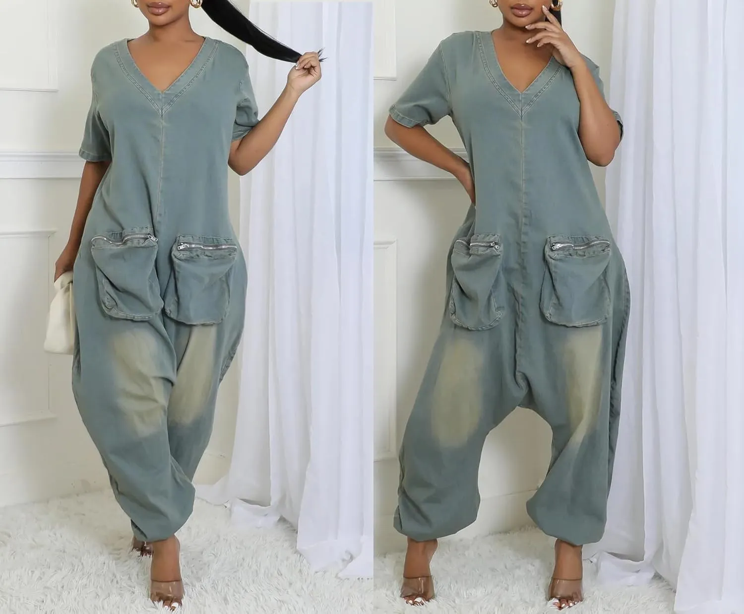 Women's Baggy Cargo Denim Jumpsuit Short Sleeve V Neck Loose Distressed Wide Leg Romper Overalls with Pockets