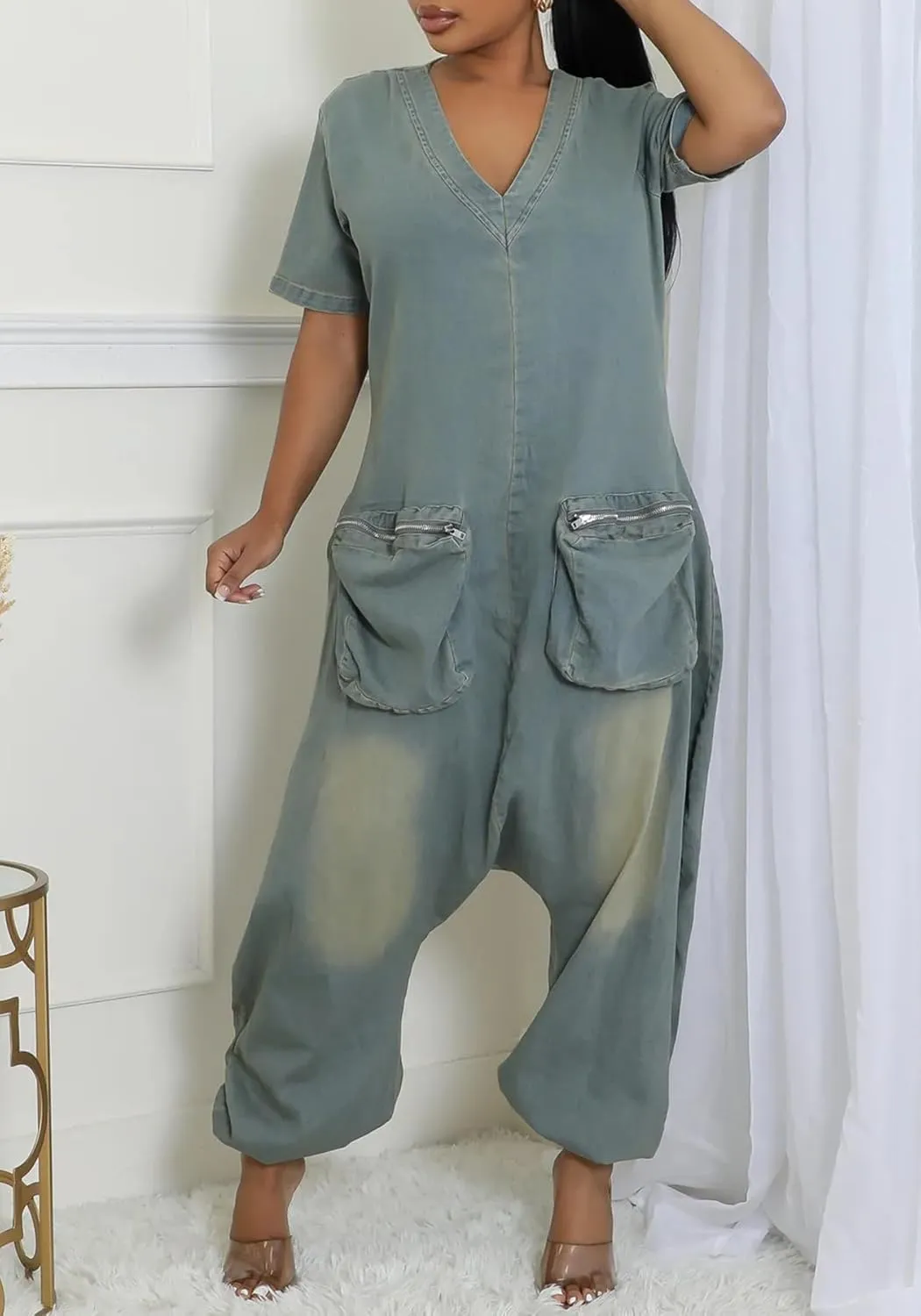 Women's Baggy Cargo Denim Jumpsuit Short Sleeve V Neck Loose Distressed Wide Leg Romper Overalls with Pockets
