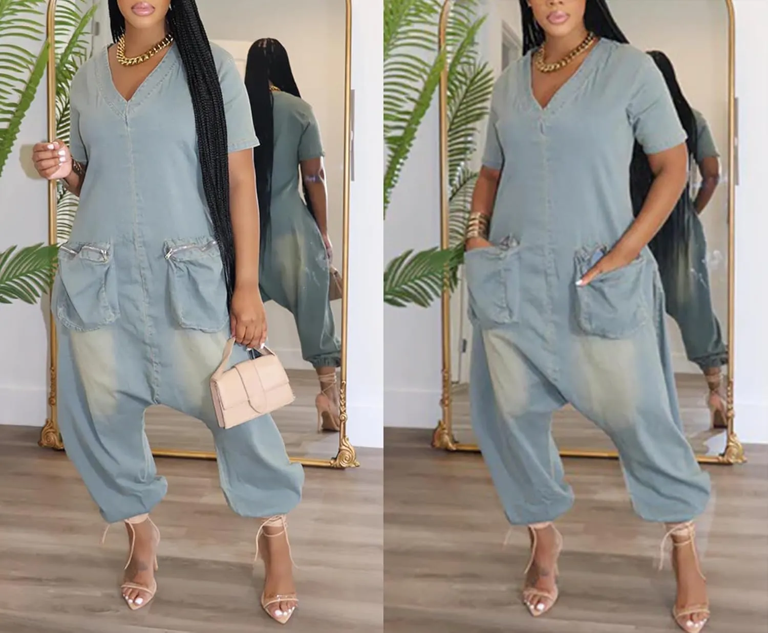 Women's Baggy Cargo Denim Jumpsuit Short Sleeve V Neck Loose Distressed Wide Leg Romper Overalls with Pockets