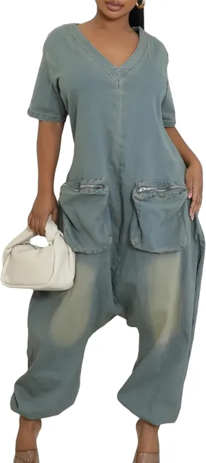 Women's Baggy Cargo Denim Jumpsuit Short Sleeve V Neck Loose Distressed Wide Leg Romper Overalls with Pockets