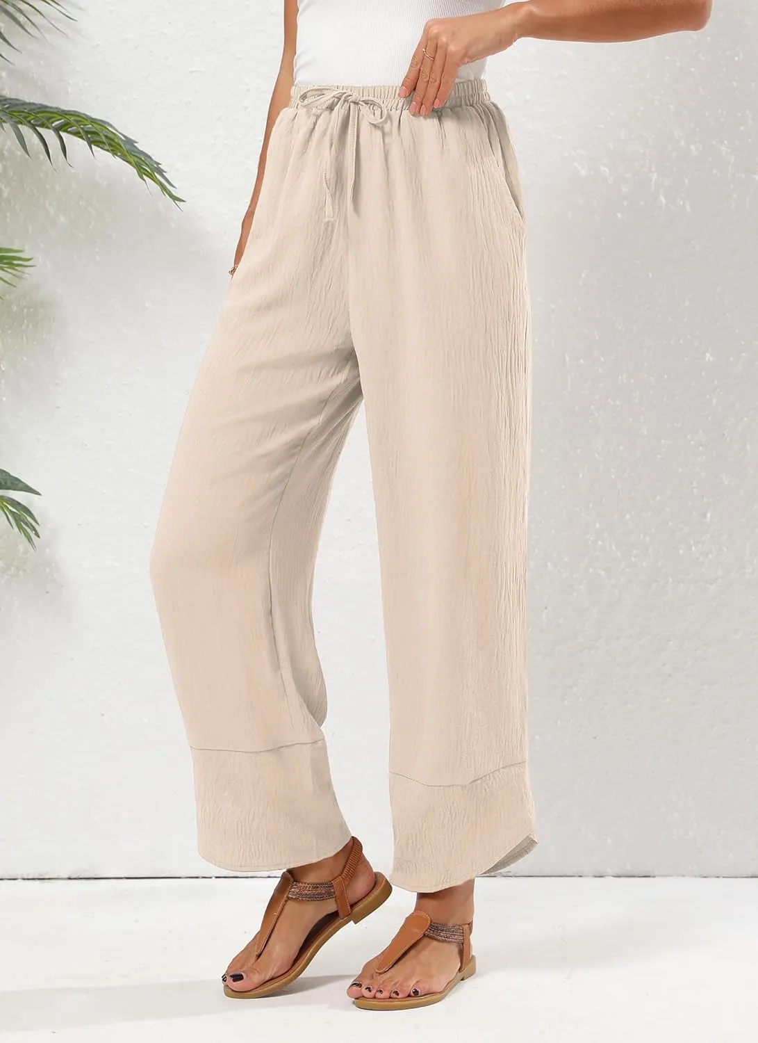 Women's Baggy Wide Leg Palazzo Pants Business Casual High Waisted Flowy Elastic Waist Sandy Shore Pants Pockets