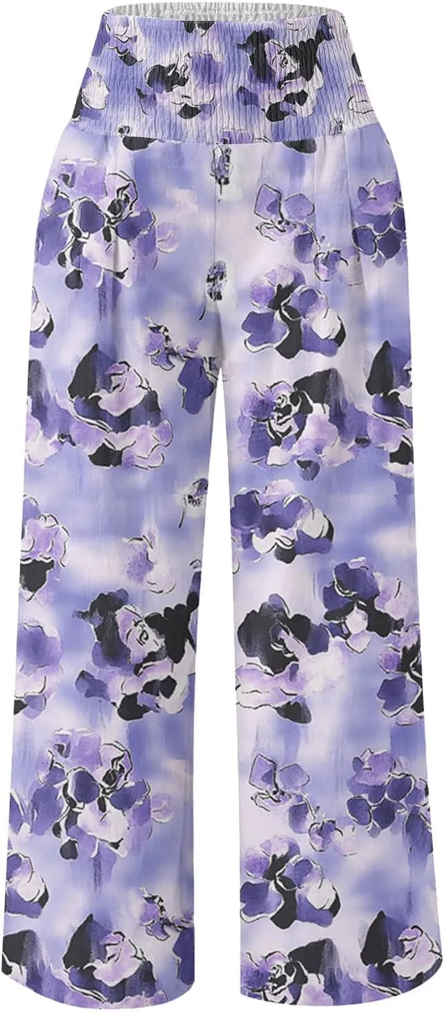 Womens Boho Palazzo Pants Casual Printed Loose Linen Wide Leg Pants Drawstring Waist Beach Harem Trouser with Pockets