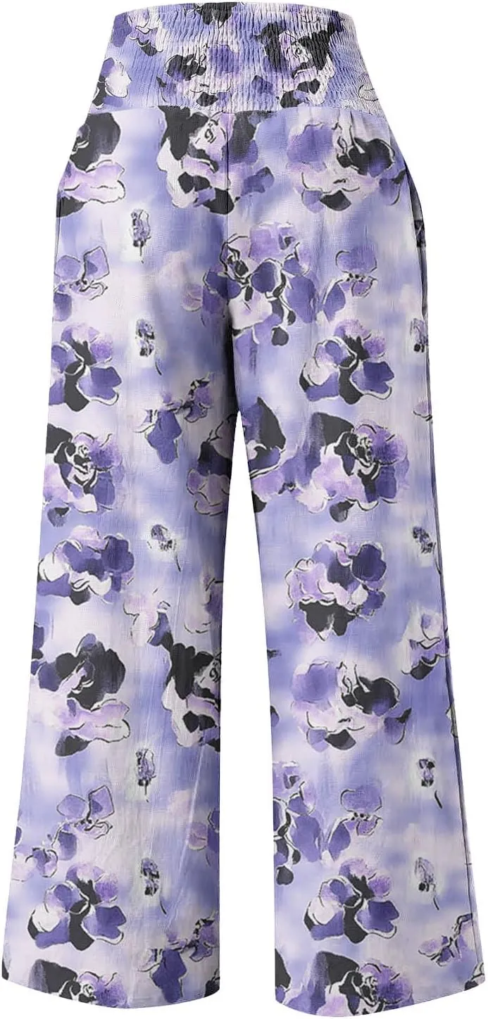 Womens Boho Palazzo Pants Casual Printed Loose Linen Wide Leg Pants Drawstring Waist Beach Harem Trouser with Pockets