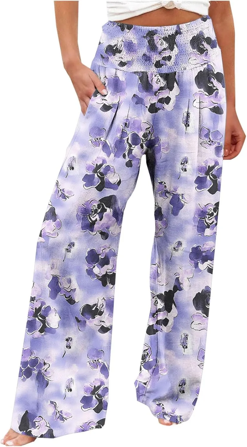 Womens Boho Palazzo Pants Casual Printed Loose Linen Wide Leg Pants Drawstring Waist Beach Harem Trouser with Pockets
