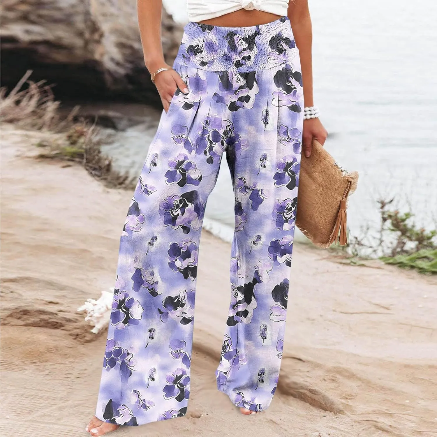 Womens Boho Palazzo Pants Casual Printed Loose Linen Wide Leg Pants Drawstring Waist Beach Harem Trouser with Pockets