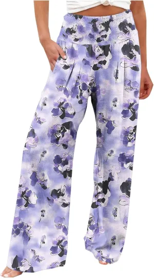 Womens Boho Palazzo Pants Casual Printed Loose Linen Wide Leg Pants Drawstring Waist Beach Harem Trouser with Pockets