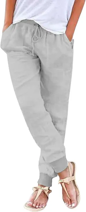 Womens Casual Pants Summer Linen Joggers Straight Leg Comfy Elastic High Waisted Beach Pants Loose Gauze Pants with Pockets