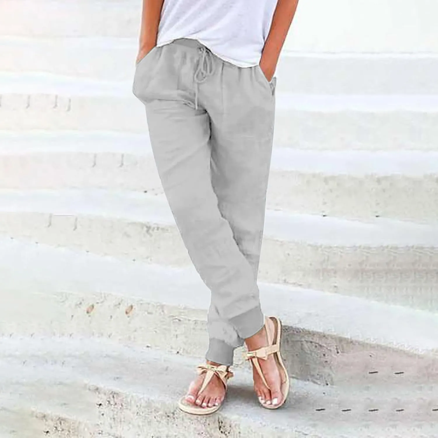 Womens Casual Pants Summer Linen Joggers Straight Leg Comfy Elastic High Waisted Beach Pants Loose Gauze Pants with Pockets