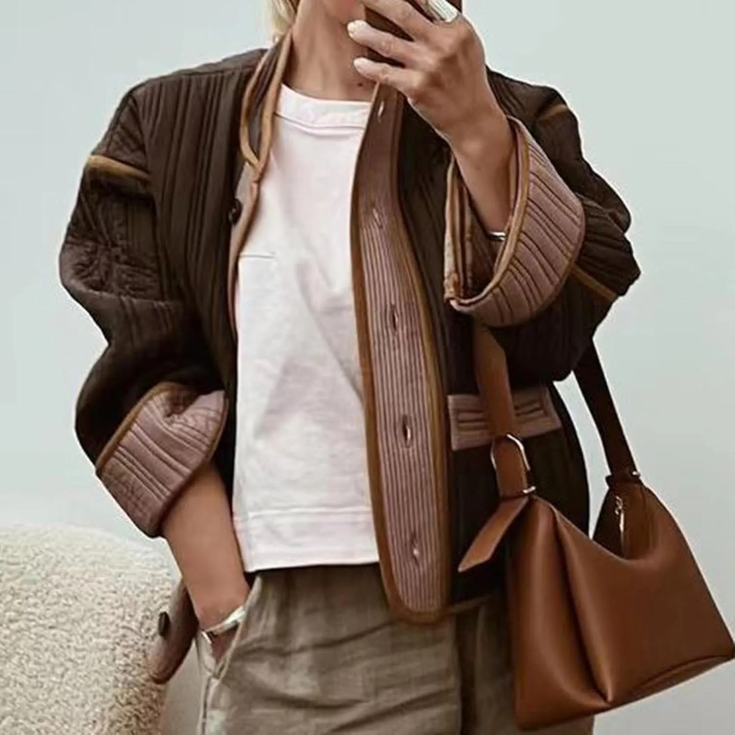 Womens Casual Quilted Jacket Winter Lightweight Color Block Padded Coat Y2k Long Sleeve Cropped Cotton Jackets