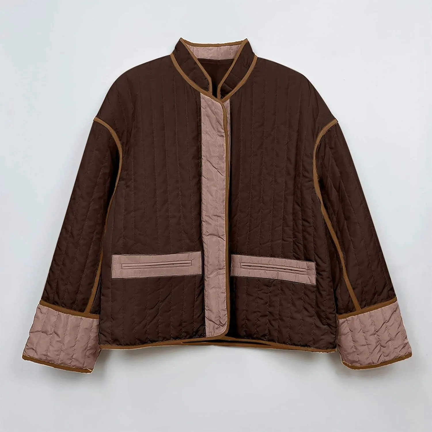 Womens Casual Quilted Jacket Winter Lightweight Color Block Padded Coat Y2k Long Sleeve Cropped Cotton Jackets