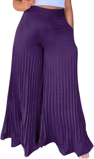 Women's Chiffon Wide Leg Pants High Elastic Waist Cropped Pants Fashion Casual Pleated Ruffle Hem Flowy Trousers