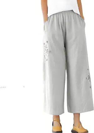 Womens Cotton Linen Baggy Pants Fashion Embroidery Loose Pant High Waist Wide Leg Boho Trousers Summer Lounge Clothes