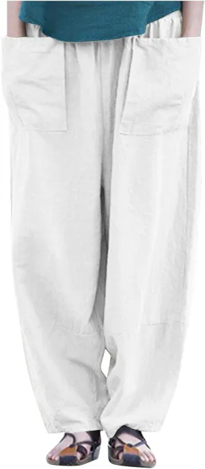 Womens Cotton Linen Harem Pants Casual Loose Fit High Waisted Pants Jogger Trousers Lounge Bottoms Slacks with Pockets