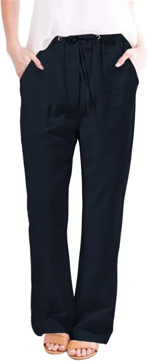 Women's Cotton Linen Pants Palazzo Summer Wide Leg 2024 Casual Loose Drawstring High Waist Beach Pants Trousers