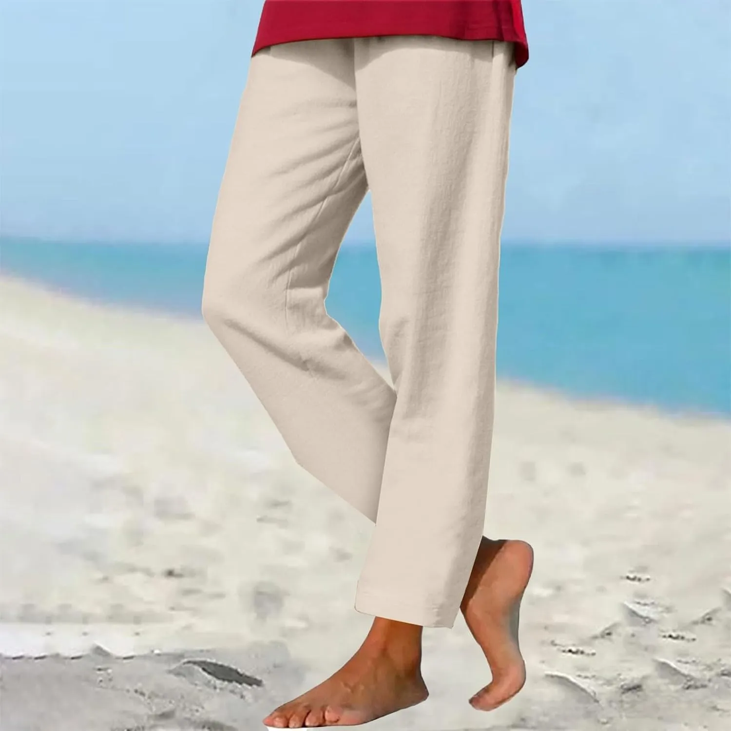 Womens Cotton Linen Straight Leg Pants Summer Drawstring Elastic High Waist Pants Casual Trousers with Pockets