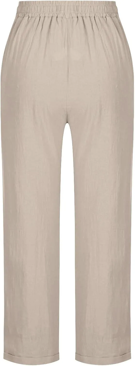 Womens Cotton Linen Straight Leg Pants Summer Drawstring Elastic High Waist Pants Casual Trousers with Pockets