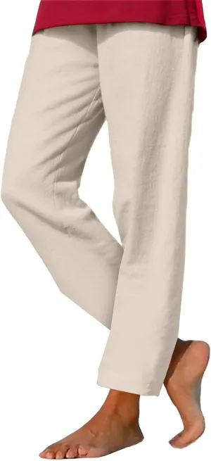 Womens Cotton Linen Straight Leg Pants Summer Drawstring Elastic High Waist Pants Casual Trousers with Pockets