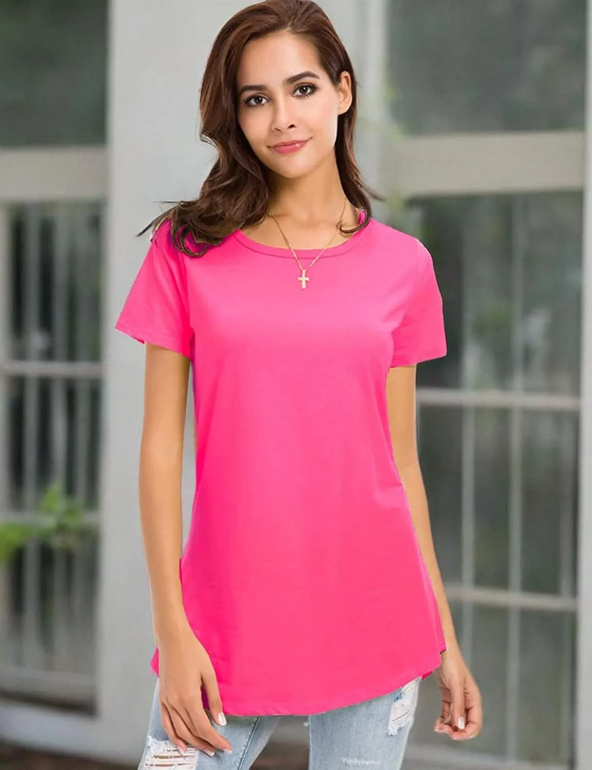 Women's Cotton T-Shirts Short Sleeve Loose Comfy Basic Plain Tunic Tee