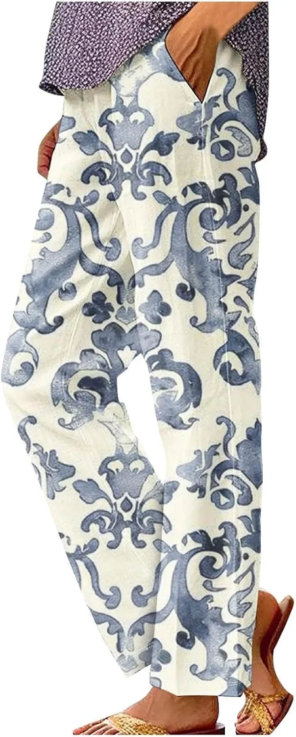 Womens Drawstring Linen Pants Summer Elastic Pants for Women Trendy Pants Work Casual Cropped