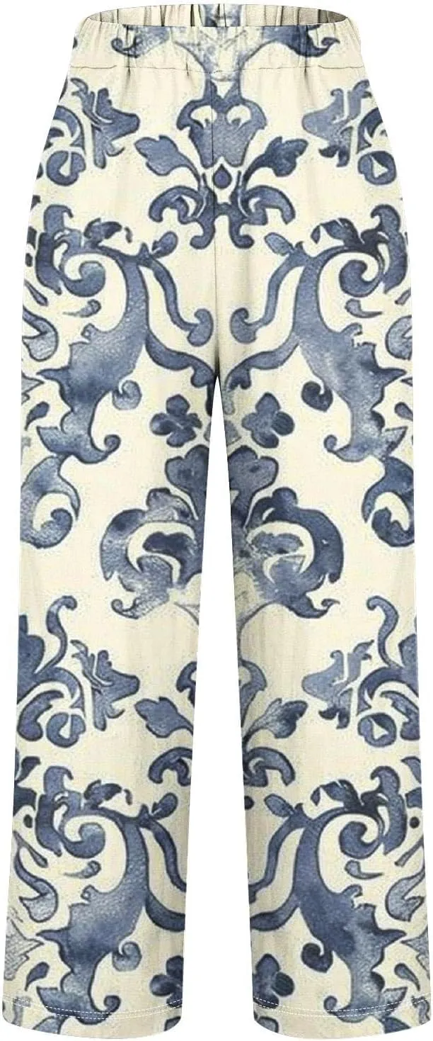 Womens Drawstring Linen Pants Summer Elastic Pants for Women Trendy Pants Work Casual Cropped