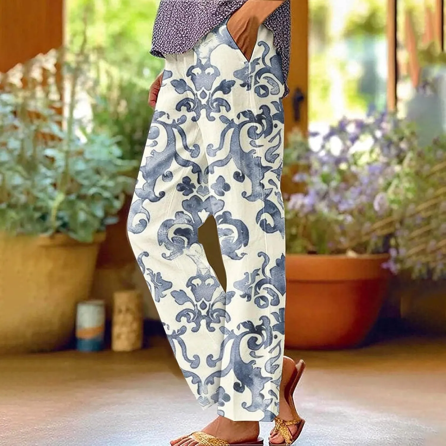 Womens Drawstring Linen Pants Summer Elastic Pants for Women Trendy Pants Work Casual Cropped