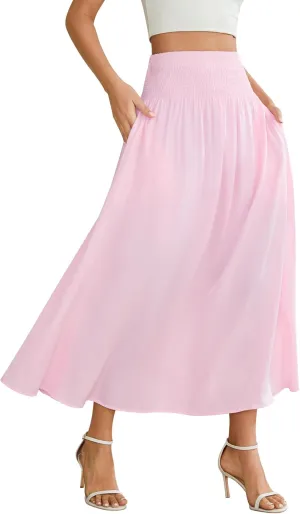 Women's Elastic High Waisted Midi Skirts with Pockets Trendy A-Line Flowy Swing Basic Skirt