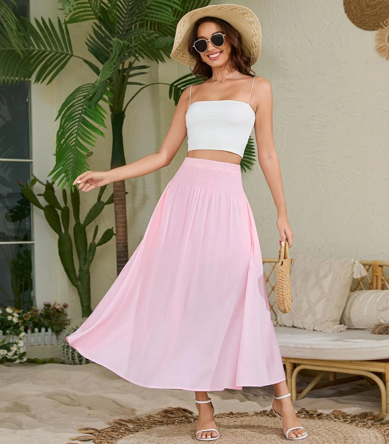 Women's Elastic High Waisted Midi Skirts with Pockets Trendy A-Line Flowy Swing Basic Skirt