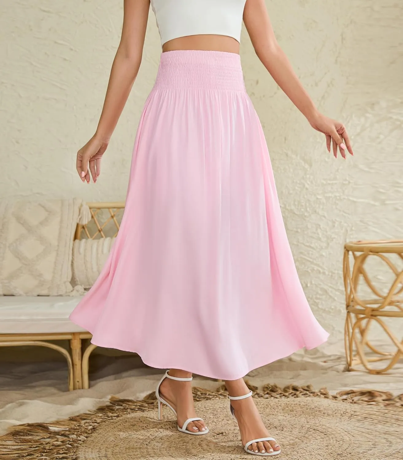 Women's Elastic High Waisted Midi Skirts with Pockets Trendy A-Line Flowy Swing Basic Skirt