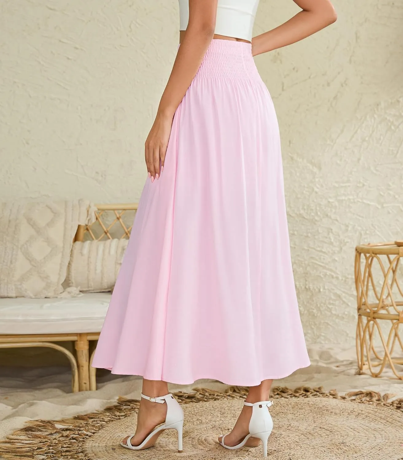 Women's Elastic High Waisted Midi Skirts with Pockets Trendy A-Line Flowy Swing Basic Skirt