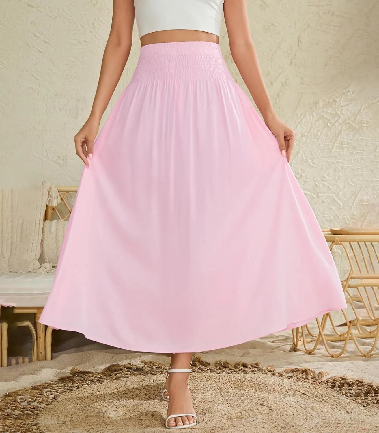 Women's Elastic High Waisted Midi Skirts with Pockets Trendy A-Line Flowy Swing Basic Skirt