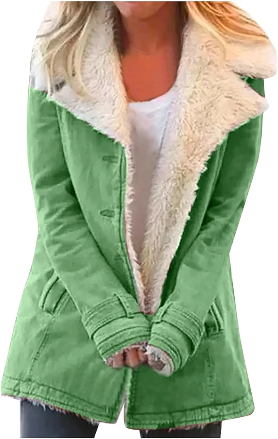 Womens Fleece Winter Jackets Plush Lapel Button Slim Fuzzy Jackets Plus Size Warm Furry Blazer Faux Fur Sherpa Coat