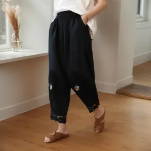 Womens Floral Embroidered Cotton Linen Harem Cropped Pants Boho Baggy Loose Wide Leg Lace Trim Trousers with Pockets