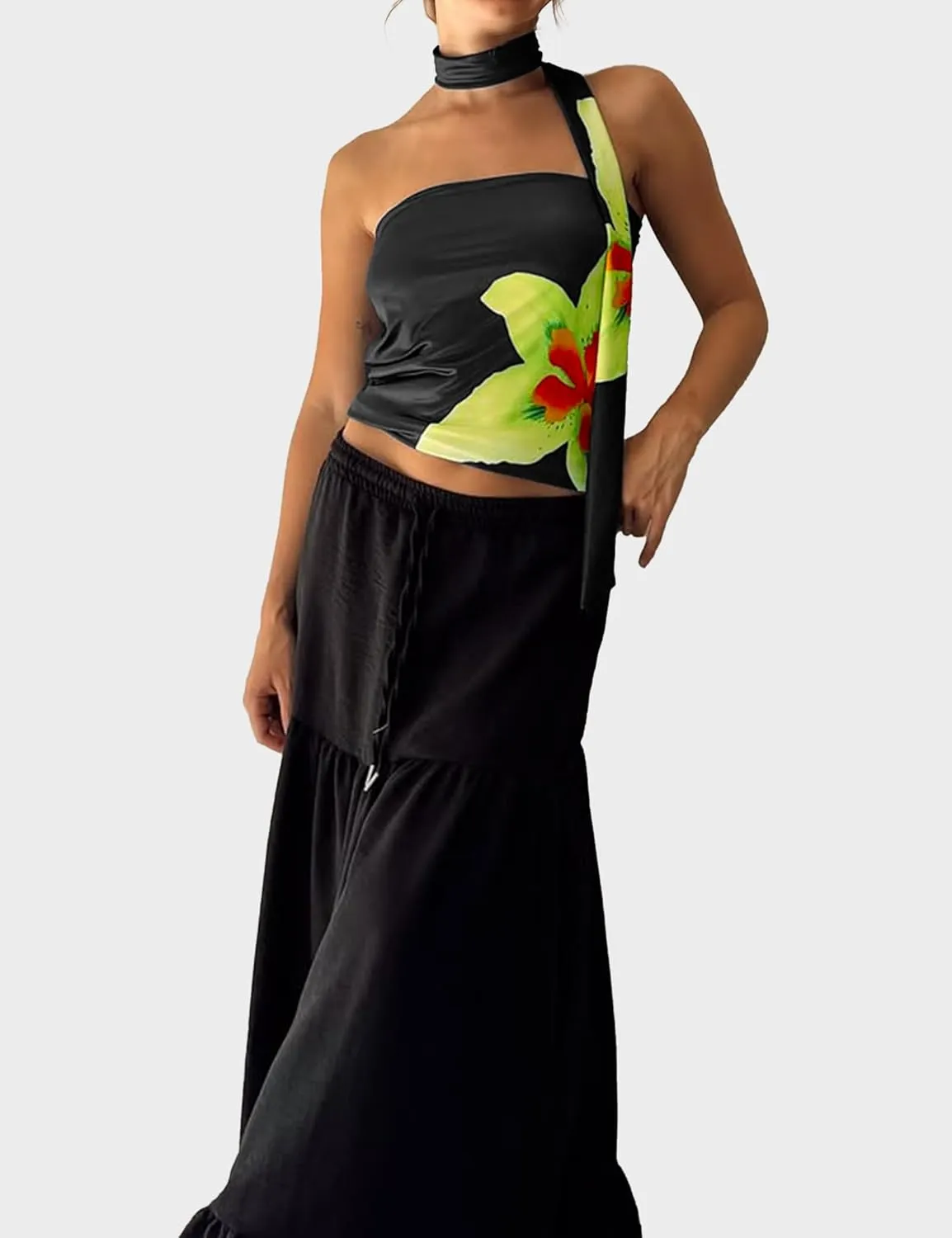 Women's Floral Print Strapless Tube Top Backless Sleeveless Slim Fit Camisole Summer Crop Top with Ribbon Tie