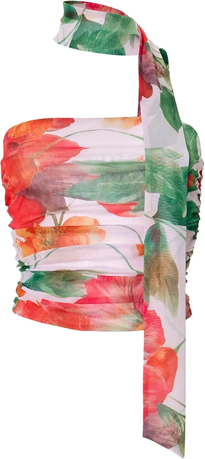 Women's Floral Print Strapless Tube Top Backless Sleeveless Slim Fit Camisole Summer Crop Top with Ribbon Tie